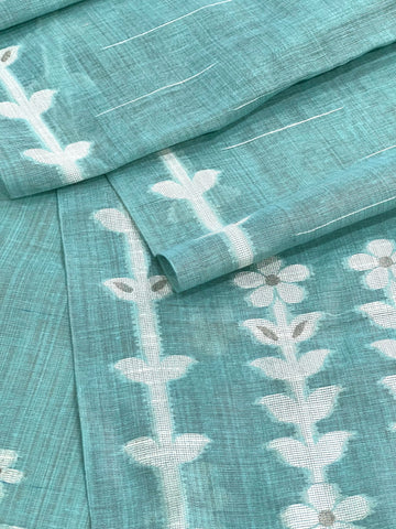 Sophisticated Blue Handloom Jacquard Floral Chanderi Suit Set HCS Geetha Creation